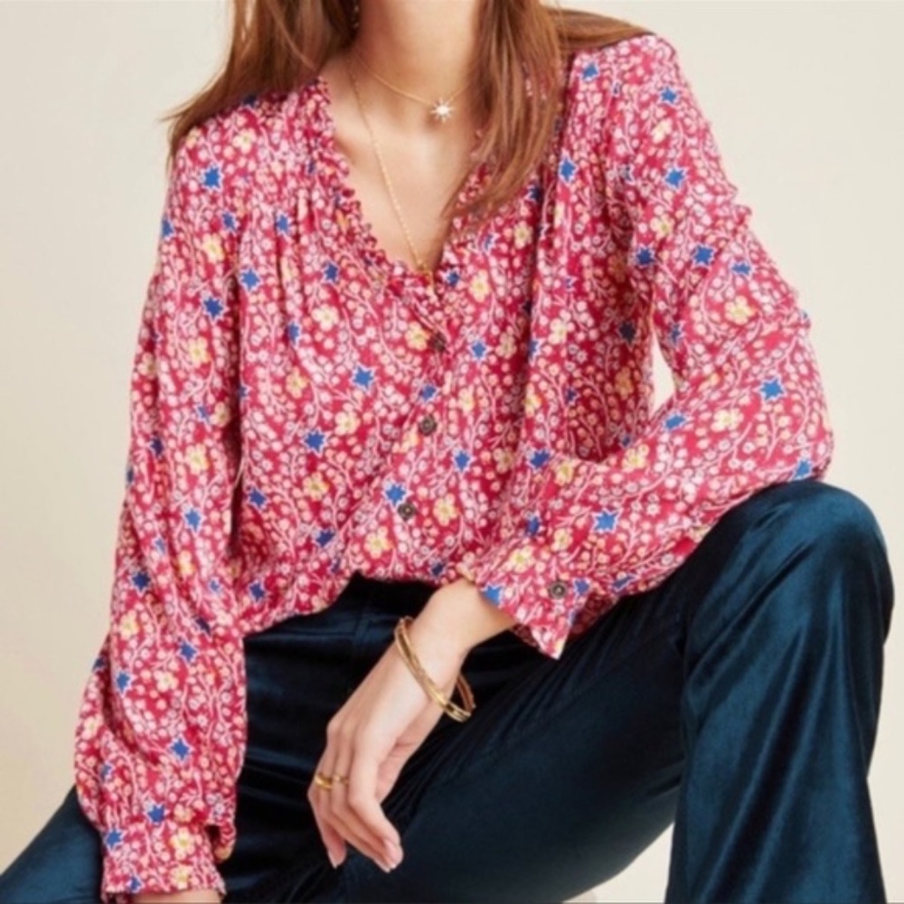 Anthropologie | Floral Ruffle Neck Long Sleeve Blouse Size 2 Pink